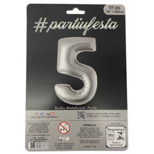 Balão Metalizado Número "5" - Prata - Pequeno