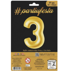 Balão Metalizado "P" Número "3" - Dourado