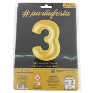 Balão Metalizado Número "3" - Dourado - Grande