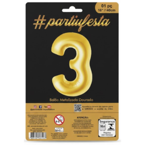 Balão Metalizado Número "3" - Dourado - Pequeno